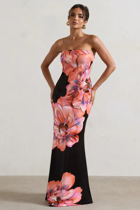 Sofiane | Black & Pink Floral Print Bandeau Maxi Dress