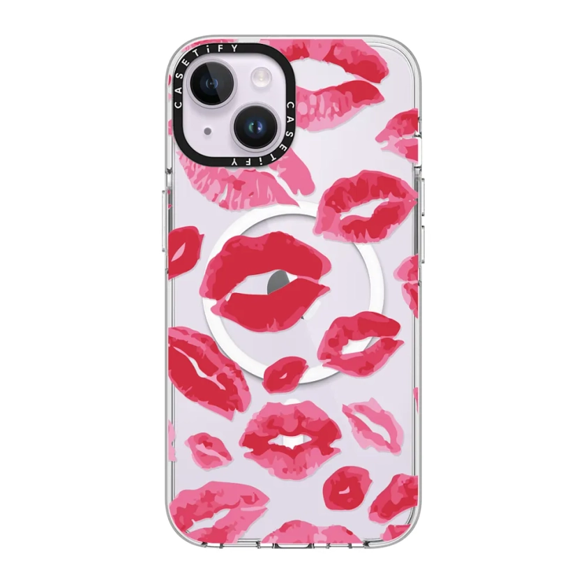 Clear iPhone 14 Case MagSafe Compatible - Lipstick Kisses