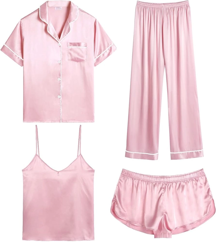SWOMOG Pyjama Set for Women 4pc Pyjamas Silk Satin Pjs Pink Pj Set Soft and Comfortable Sleepwear Set : Amazon.co.uk: Fashion