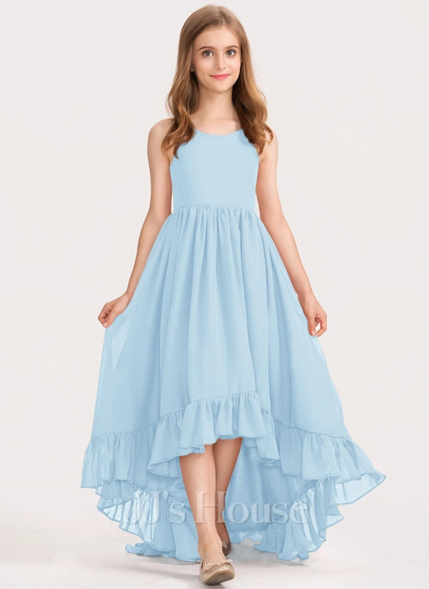 [US$ 64.00] A-line Scoop Asymmetrical Chiffon Junior Bridesmaid Dress With Bow Cascading Ruffles (009191719)