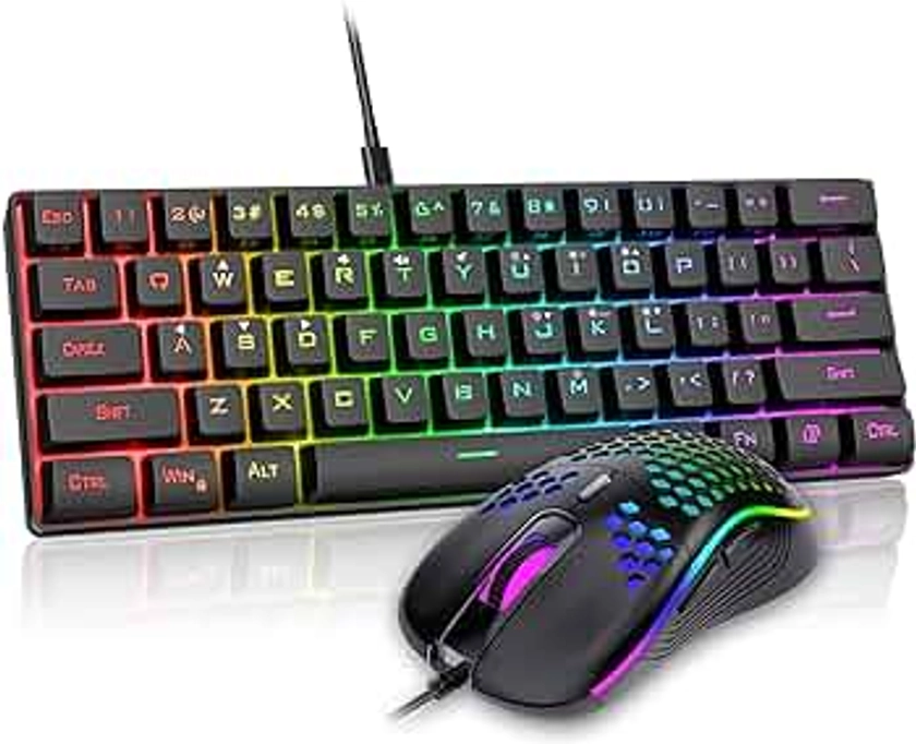 RedThunder 60% Gaming Keyboard and Mouse Combo, Ultra-Compact 61 Keys RGB Backlit Mini Keyboard, Lightweight 7200 DPI Honeycomb Optical, Wired Gaming Set for PC MAC PS5 Xbox Gamer(Black)