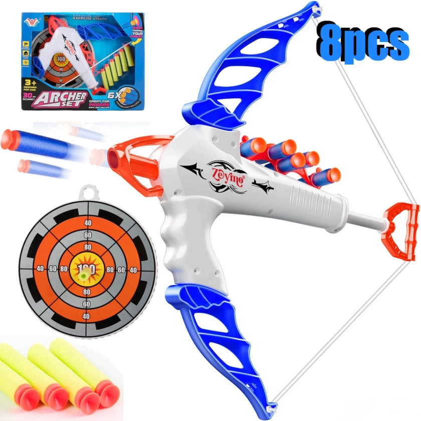 8 Pcs Kids Bow and Arrow Set - Outdoor Indoor Games Activities for Kids, Archery Set with Foam Darts & Target, Christmas Birthday Gifts Toys for Boys Girls Age 3 4 5 6 7 8-12 Years Old