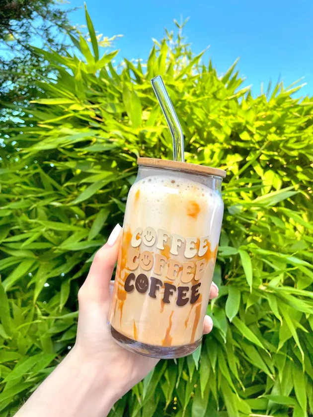 Coffee bamboo lid can glass drink | 16oz cup | Gift | Personalised | Includes Glass Straw | Valentines | Tumbler | Beer can glass | Mug |