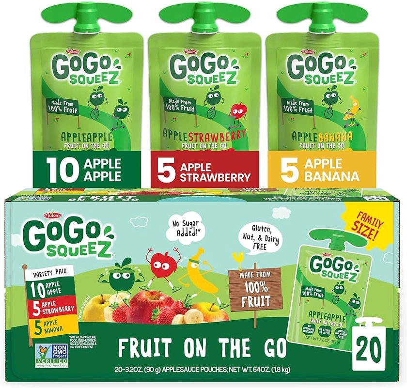 Gogo Squeez, Fruit On The Go Variety Pack Apple Strawberry Banana, 3.2 Ounce, 20 Pack