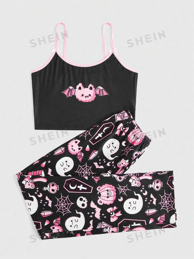 ROMWE Kawaii Conjunto de pijama con gráfico de dibujos animados y ribete contrastante, escolar