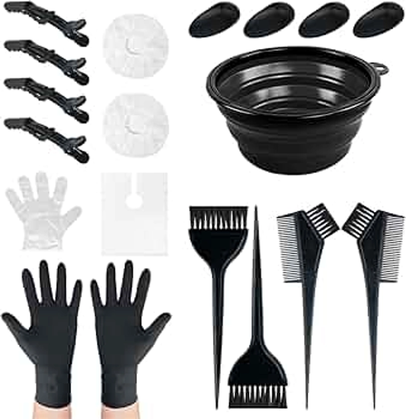 NEPAK 18 Pcs Hair Dye Brush and Bowl Kit,Hair Dying Tools Kit,DIY Beauty Salon Hair Bleaching Tools,Including Mixing Bowl, Ear Cover, Hair Shawl, Gloves, Hair Clips