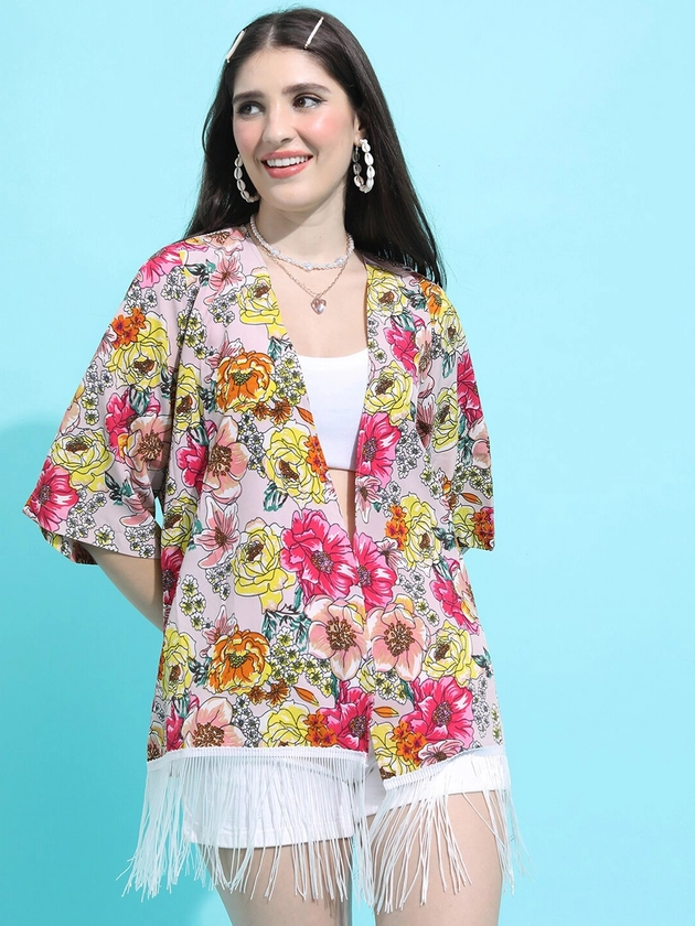 Tokyo Talkies Floral Printed Tasselled Shrug