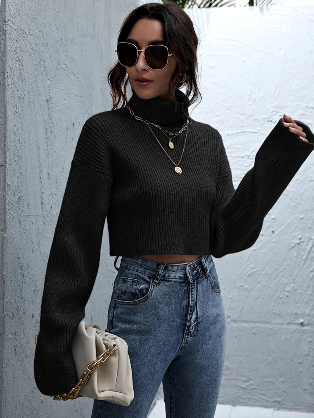 SHEIN Rolled Neck Drop Shoulder Crop Sweater