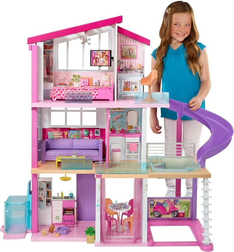 Barbie Dreamhouse, 3-Storey Barbie House with 8 Rooms Including Pool, Slide, Elevator, 70 Doll Accessories, Fully Furnished, Adult Assembly Required, Toys for Ages 3 and Up, One Toy House, GNH53