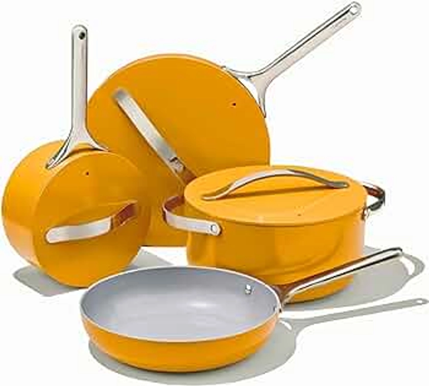 Caraway Nonstick Ceramic Cookware Set (12 Piece) Pots, Pans, Lids and Kitchen Storage - Oven Safe & Compatible with All Stovetops - Marigold