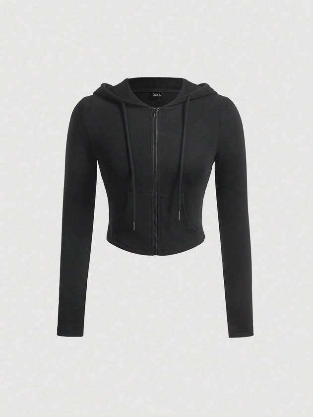 SHEIN MOD Solid Zip Up Center Front Decorative Pocket Drawstring Hooded Crop Slim Fit Black Sweatshirt