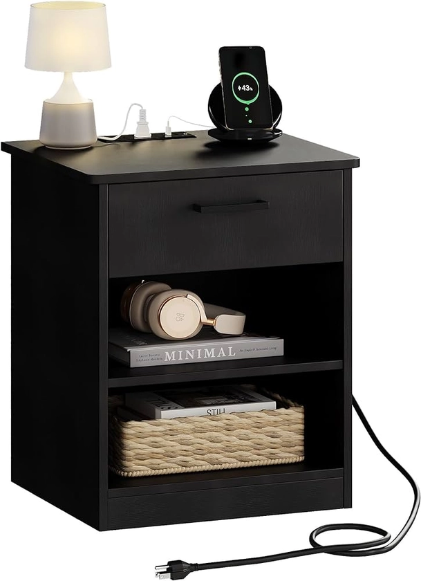 ODIKA Everyday Side Table with Charging Station - Wooden Black Nightstand Bedside Table with Drawer, End Table with Optional Adjustable Shelf for Bedroom