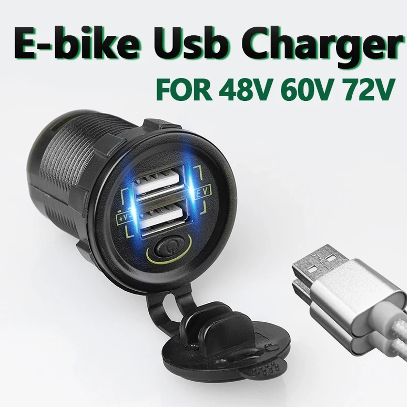 48V/60V/72V/100V Dual USB Quick Charge Socket Outlet Waterproof DC 36V to 108V Electric Car USB Charger with Switch