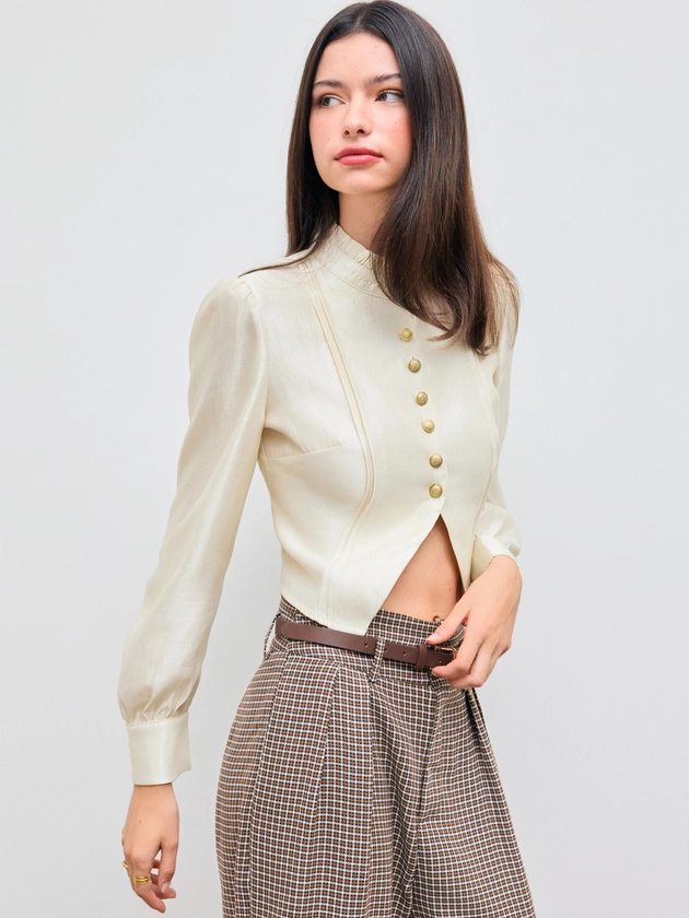 High Neck Solid Button Lettuce Trim Long Sleeve Blouse