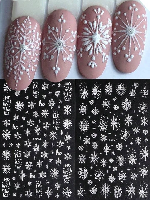 3D Glitter White Snowflake Nail Art Stickers Self Adhesive Slider Decals Christmas New Year Winter Nail Designs Decorations DIY | SHEIN UK