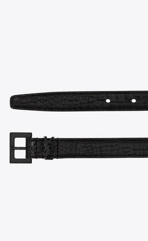 monogram thin belt with square buckle in shiny crocodile-embossed leather