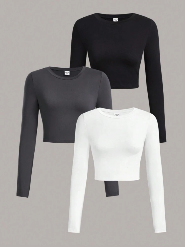 SHEIN Buy 1 Get 2 Free 3pcs/Set Casual Round Neck Long Sleeve Crop Top T-Shirt For Tween Girls