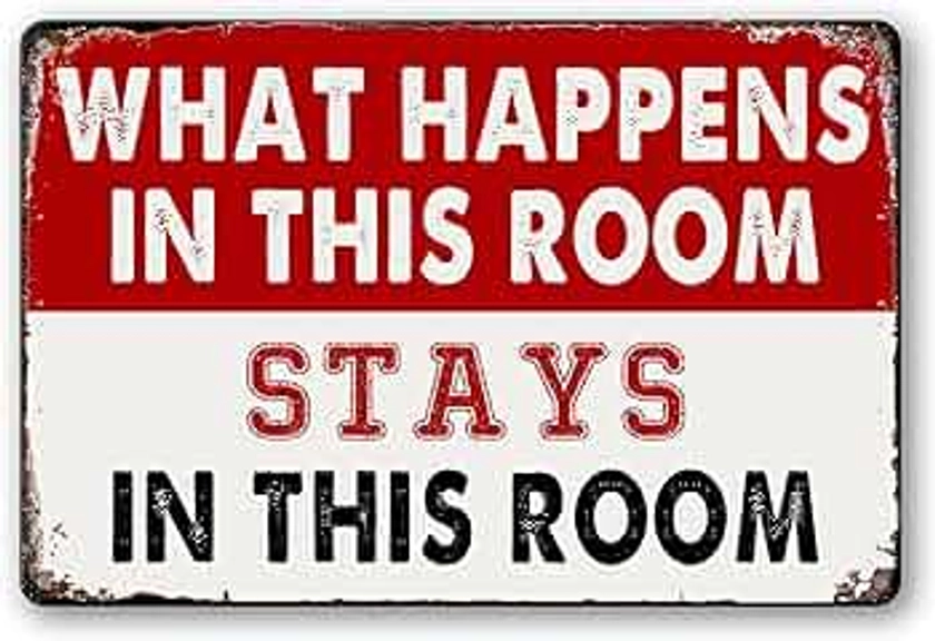 Room Signs Man Cave Wall Decor For Men Funny Metal Tin Bedroom Sign What Happens In This Room Stays In This Room Signs Vintage Dorm Door Decorations For Guys Mens Room Accessories And Signs Women Gift