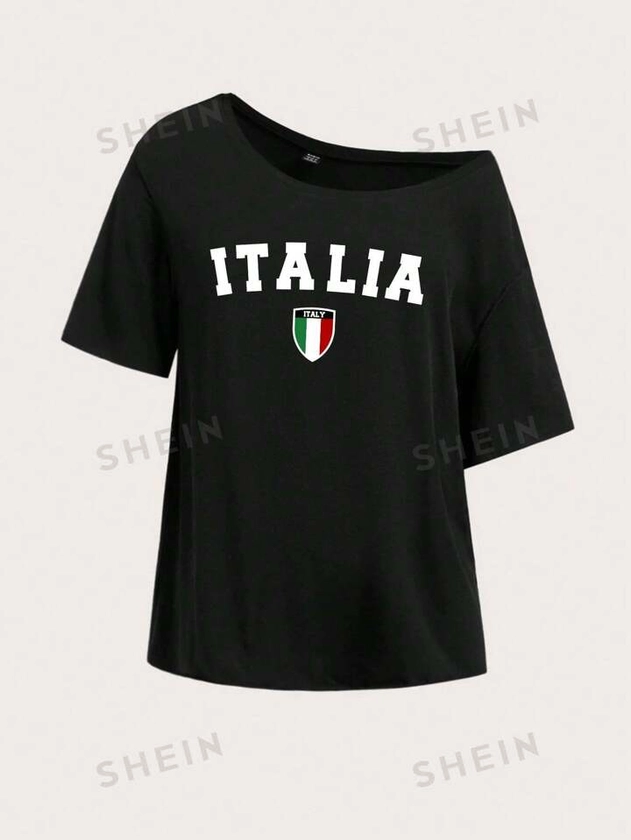 SHEIN Essnce Italy Shirt, Italia Shirt, Italia T-Shirt, Italian Flag Tee, Italia, Italia Clothes, Italian Sayings, Travel Shirt, Vacation Shirt,Girl Trip,Casual And Simple Drop-Shoulder Women's T-Shirt With Letter Print, Suitable For Summer