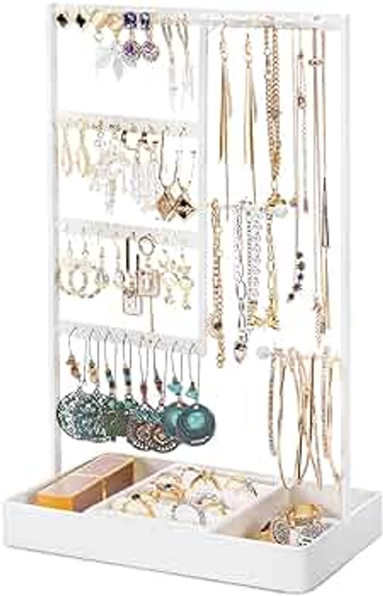 PiQi-Grecge Jewelry Organizer, 4-Tier Earring Holder Organizer with Metal Tray, Jewelry Holder Stand for Necklaces Stud Earrings Bracelets and Rings, Earring Organizer (White)