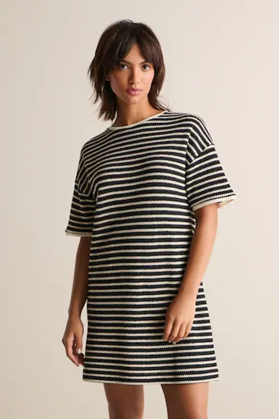 Buy Black/White Mono Stripe Crochet Boxy T-Shirt Dress from the Next UK online shop