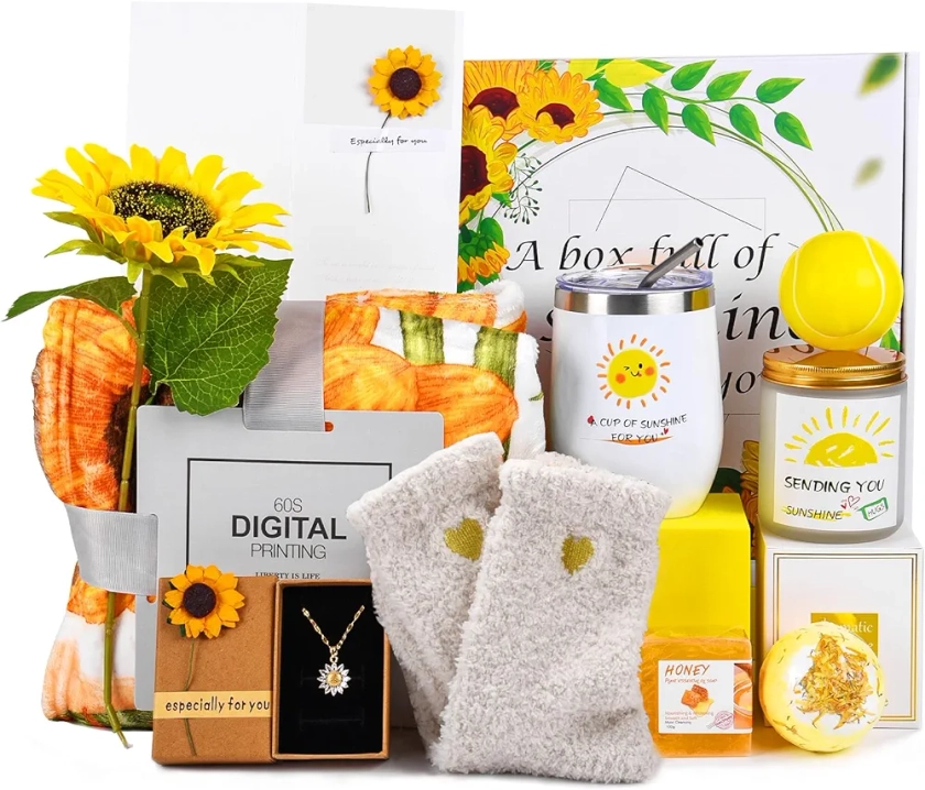 ZRFMIB Sunflowers Gift Baskets for Women, 11 Pcs Birthday Gift, Get Well Soon Gift Basket, Relaxing Care Package, Unique Gifts for Her, Mom, Sister, Wife, Girlfriend, Daughter, Female Friends
