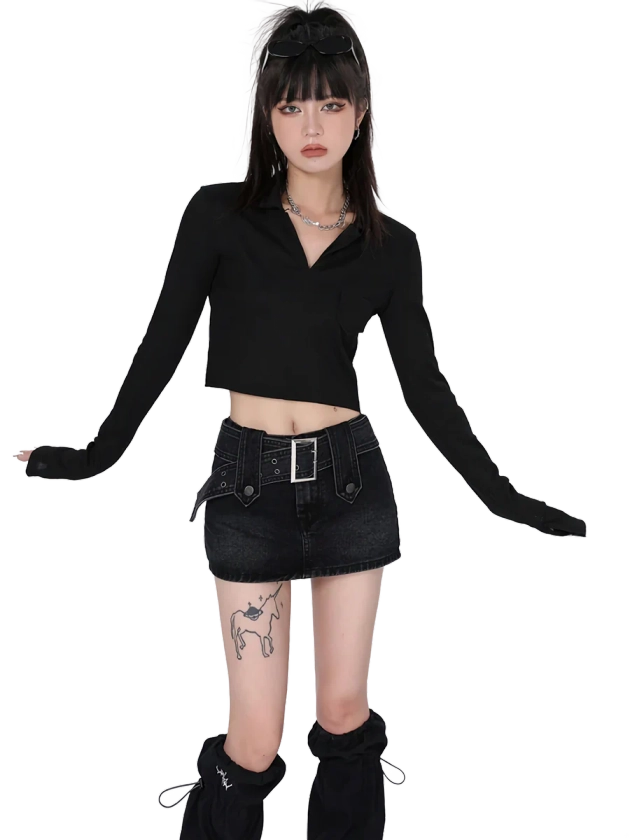 Belted Black Denim Mini Skirt