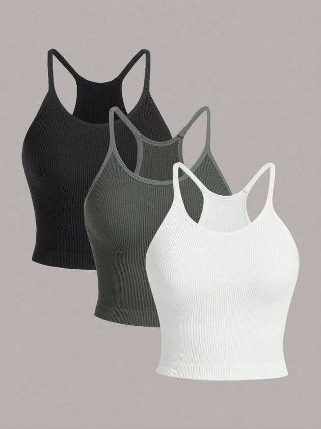 SHEIN Sport Studio 3-delig effen geribbeld gebreid sportcami-top compressieshirt gymtop getailleerd shirt