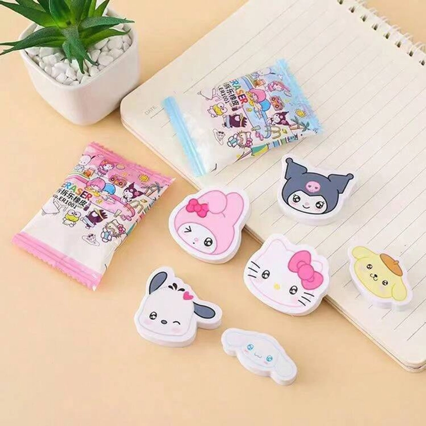 Sanrio 2 piezas Goma de borrar con diseño de bolsa ciega de dibujos animados de moda, artículos de papelería para estudiantes, bolsa ciega de goma de borrar de juguete