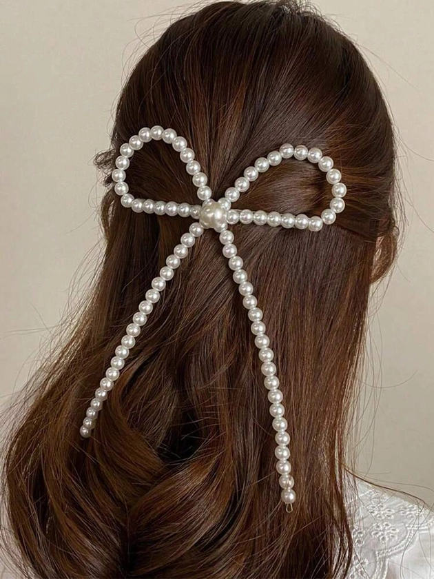 1 Peça Grampo De Cabelo Grande Com Laço E Pérola Branca Para Mulheres, Grampo De Mola Para Cabeça. Doce E Elegante, Adequado Para O Campus, Festa, Baile E Uso Diário