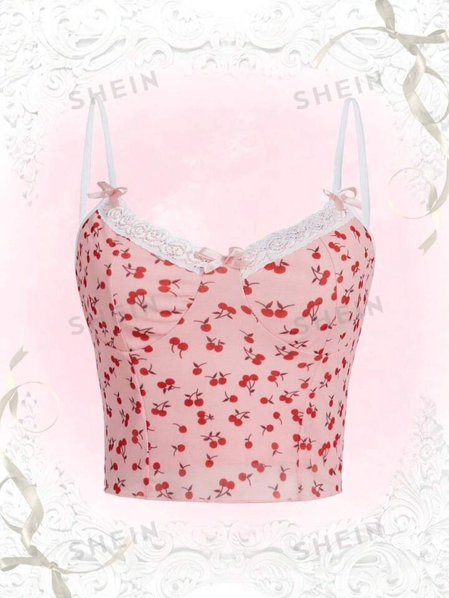 ROMWE Kawaii Cherry Print Lace Trim Cami Top | SHEIN USA