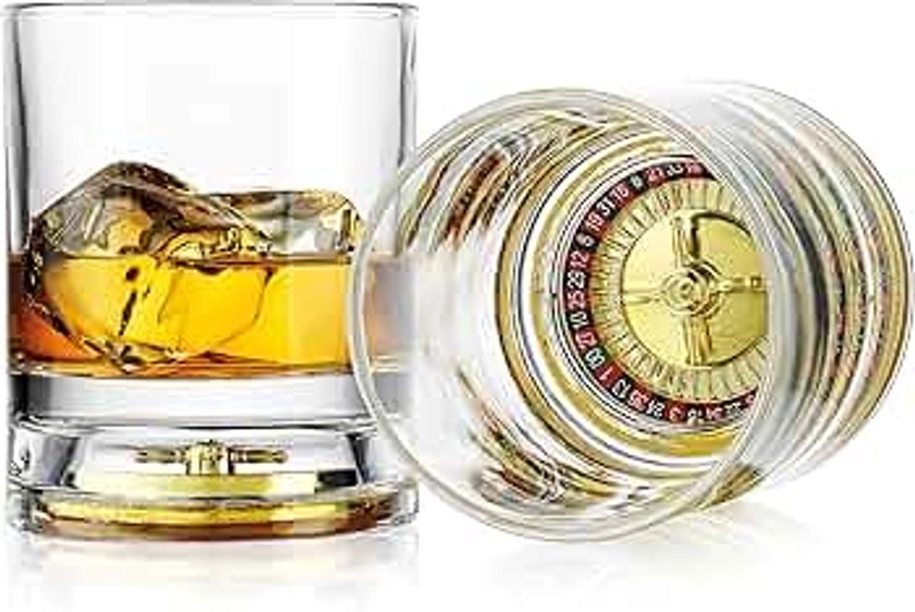 Whiskey Glass with Mini Working Roulette Wheel Base - Unique Spin and Sip Glass - Novelty Drinking Game Glass with Built-in Roulette Game and Ball White Elephant Gifts for Men Dad - 10oz.- 1 Piece