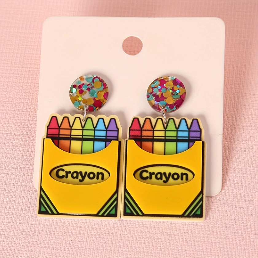 1 Pair Of Colorful Crayon Wooden Earrings, Minimalist & Cute Style, Perfect For Teachers And Students, Preppy Stuff