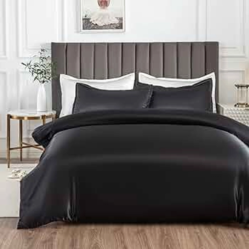 Morbuy Silk Satin Double Duvet Cover with 2 Pillowcases, Black Bedding Set Easy Care Duvet Cover Set with Zipper Closure - Luxury Ultra Soft Quilt Cover 3 Piece - 200x200cm