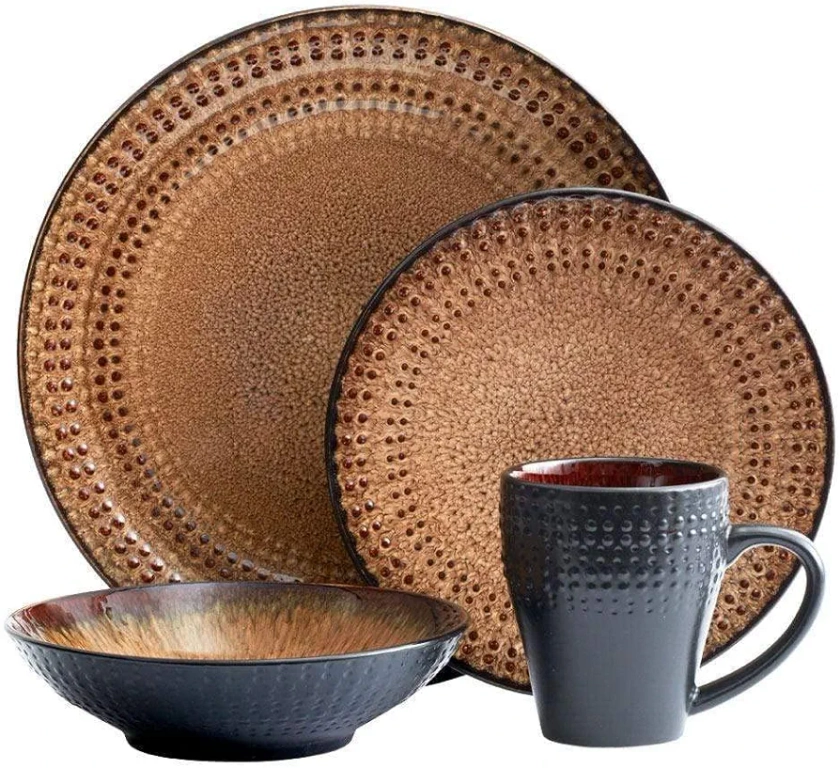 Pfaltzgraff Cambria 16-Piece Stoneware Dinnerware Set, Service for 4, Dark Brown