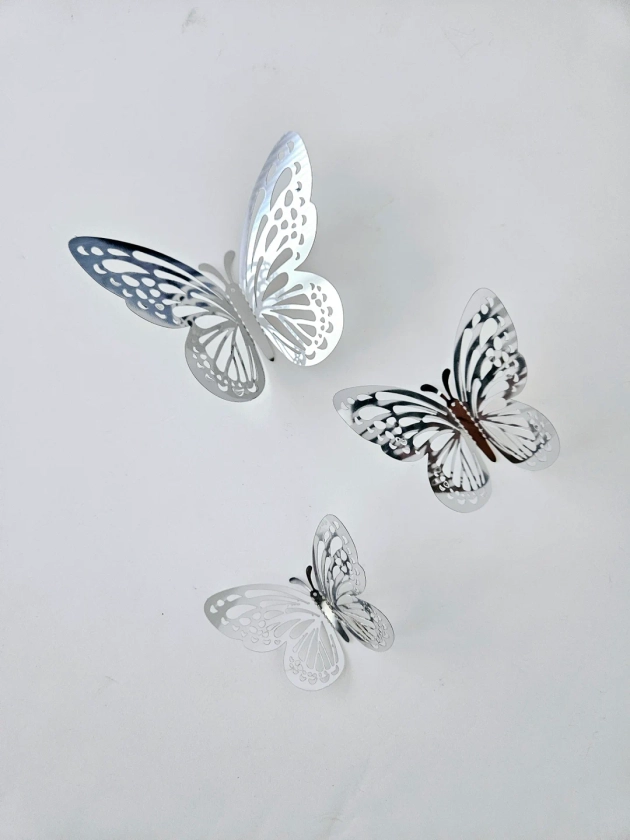 12 Pack mixed size Silver foiled 3D Monarch butterflies, Cake topper, wall, crafts, home decoration