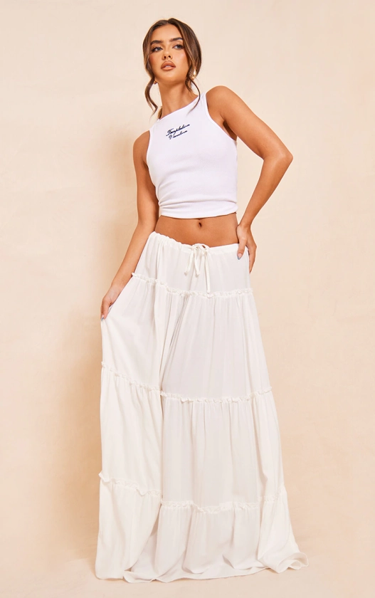 White Low Rise Drawstring Waist Tiered Maxi Skirt