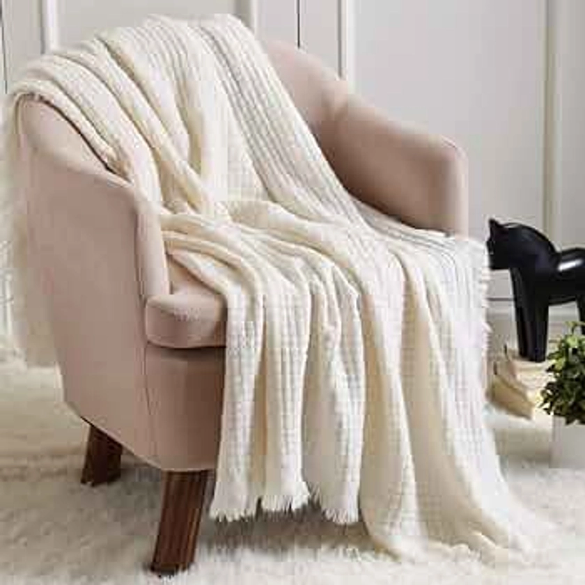 CREVENT Farmhouse Boho Knitted Throw Blanket for Couch Sofa Chair Bed Home Decoration, Soft Warm Cozy Light Weight for Spring Summer Fall (50''X60'' Off White/Ivory/Cream)