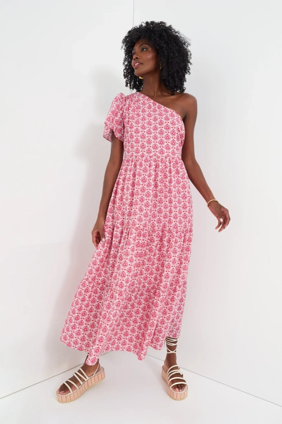 Pink Geo Floral One Shoulder Paden Maxi Dress | Hyacinth House