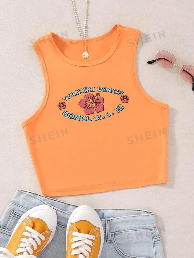 SHEIN EZwear 90s Floral & Letter Graphic Crop Tank Top