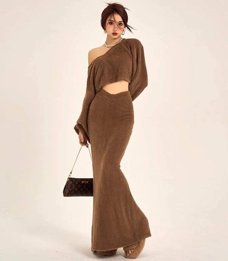 Courtney Solid Color Brown Long Sleeve Cropped Sweater V Waist Long Skirt Matching Set