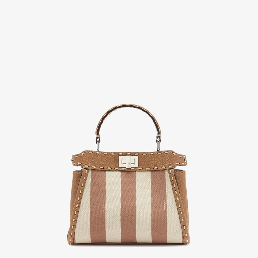 Peekaboo MiniSelleria and beige Pequin stripe fabric bag with 336 hand-sewn topstitches