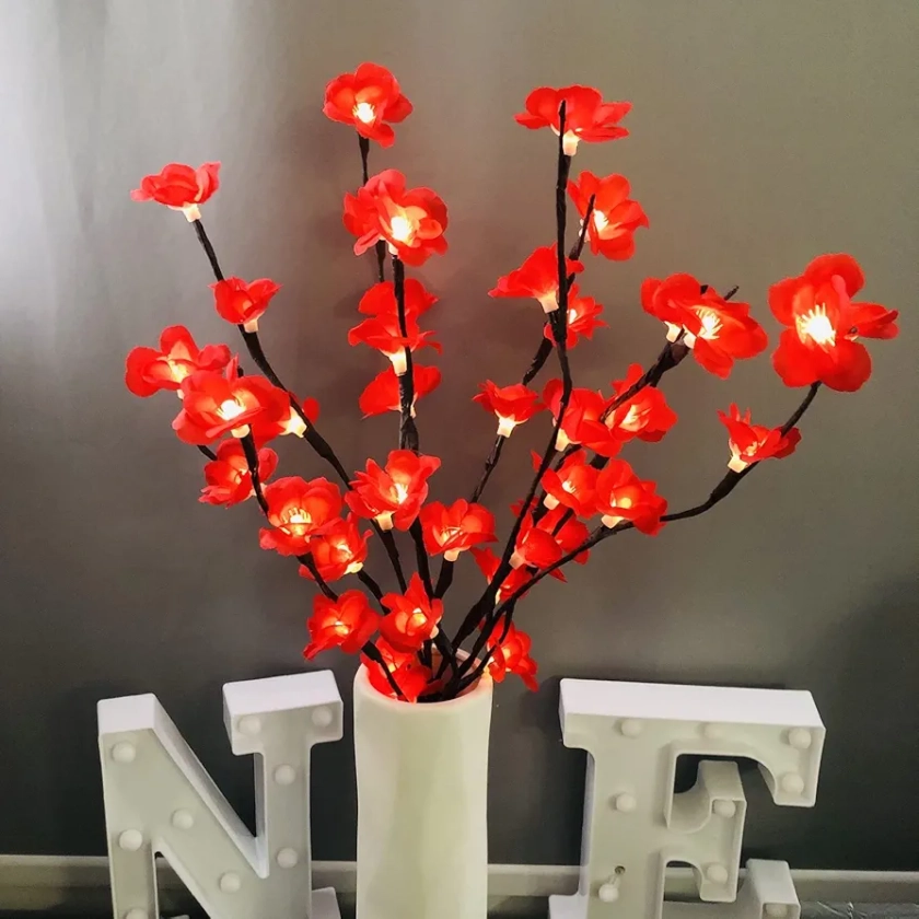 2 Pack Led Red Plum Bossom Branch Light Battery Operated Lighted Branch Artificial Lamei Floral Little Twig Light 30 Inch 20 LED for Home Vase Decoration (Red)