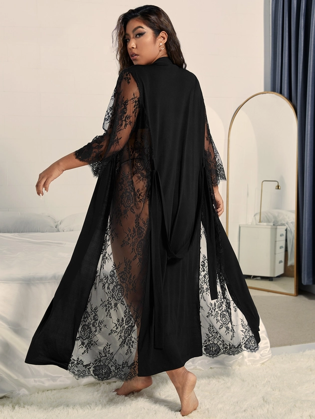 Plus Contrast Eyelash Lace Belted Robe Without Lingerie
