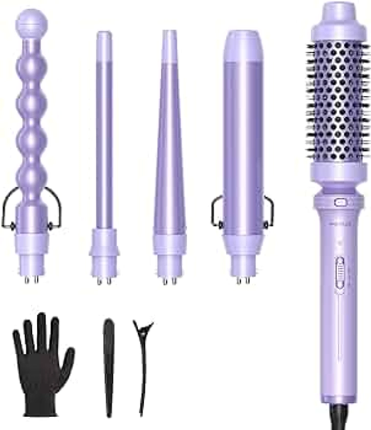 Wavytalk 5 in 1 Curling Iron,Curling Wand Set with Curling Brush and 4 Interchangeable Ceramic Curling Wand(0.5”-1.25”),Instant Heat Up,Include Heat Protective Glove & 2 Clips (Purple)