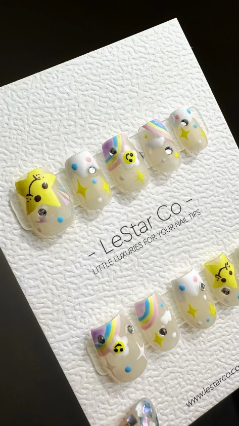 Reusable Rainbow Star Friends Premium Press on Nails Gel Manicure Hand Painted Pressons Handmade Lestarco Faux Nails YR678 - Etsy