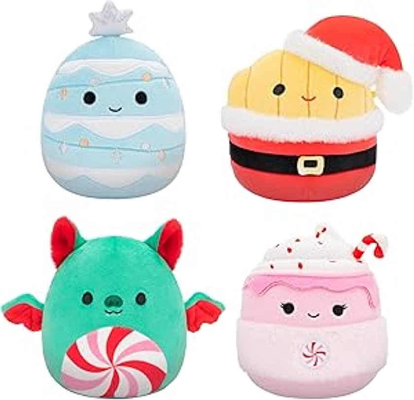 Squishmallows Original 5-Inch Holiday 4-Pack – Ethel Hot Chocolate, Floyd French Fries, Keiko Blue Christmas Tree, Ricardo Peppermint Bat – Official Jazwares Plush (Little)