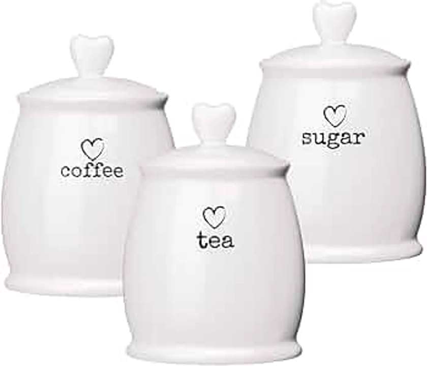 Set of 3 Ceramic Tea Coffee & Sugar White Storage Jars Shabby Chic Heart Design