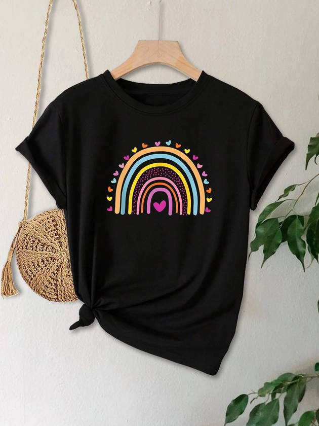 Women's Plus Size Casual Sporty T-Shirt, Rainbow Heart Print, Comfort Fit Short Sleeve Tee, Fashion Breathable Casual Top