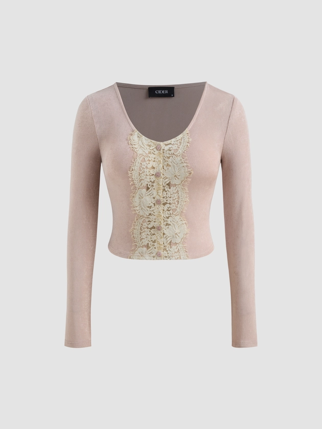 Knit Fabric Scoop Neckline Appliques Button Long Sleeve Crop Top For Work